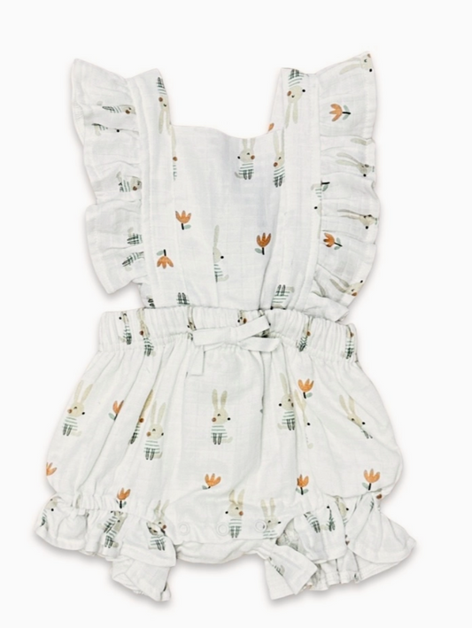 Bunny Ruffle Tie Back Short Romper (Organic Muslin)